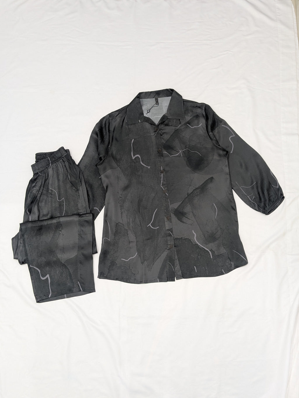 Charcoal Abstract Printed Satin 2-Piece Co-ord Set